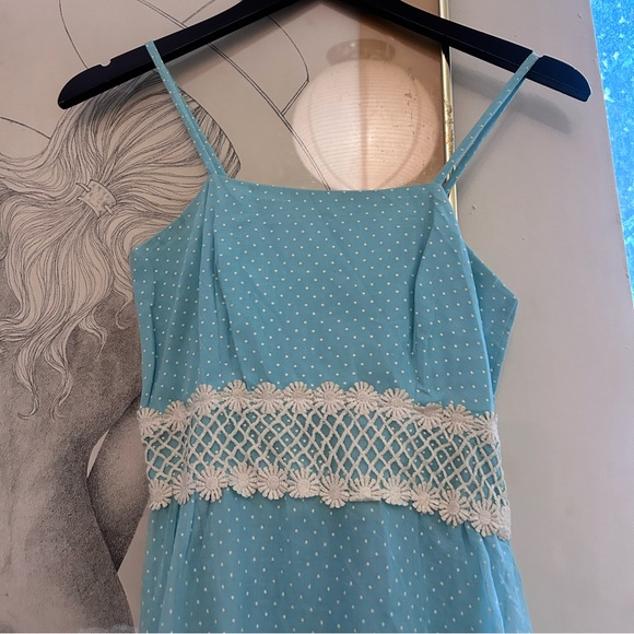 vintage light blue lace polka dot maxi dress daisy lace empire waist - Picture 10 of 13